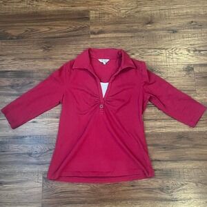 Vintage Pink 3/4 Sleeve Collared Top Faux Layered Detail‎ Ruched Y2K Preppy